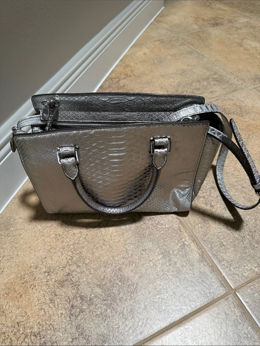 Michael Kors Metallic Silver Embossed Satchel